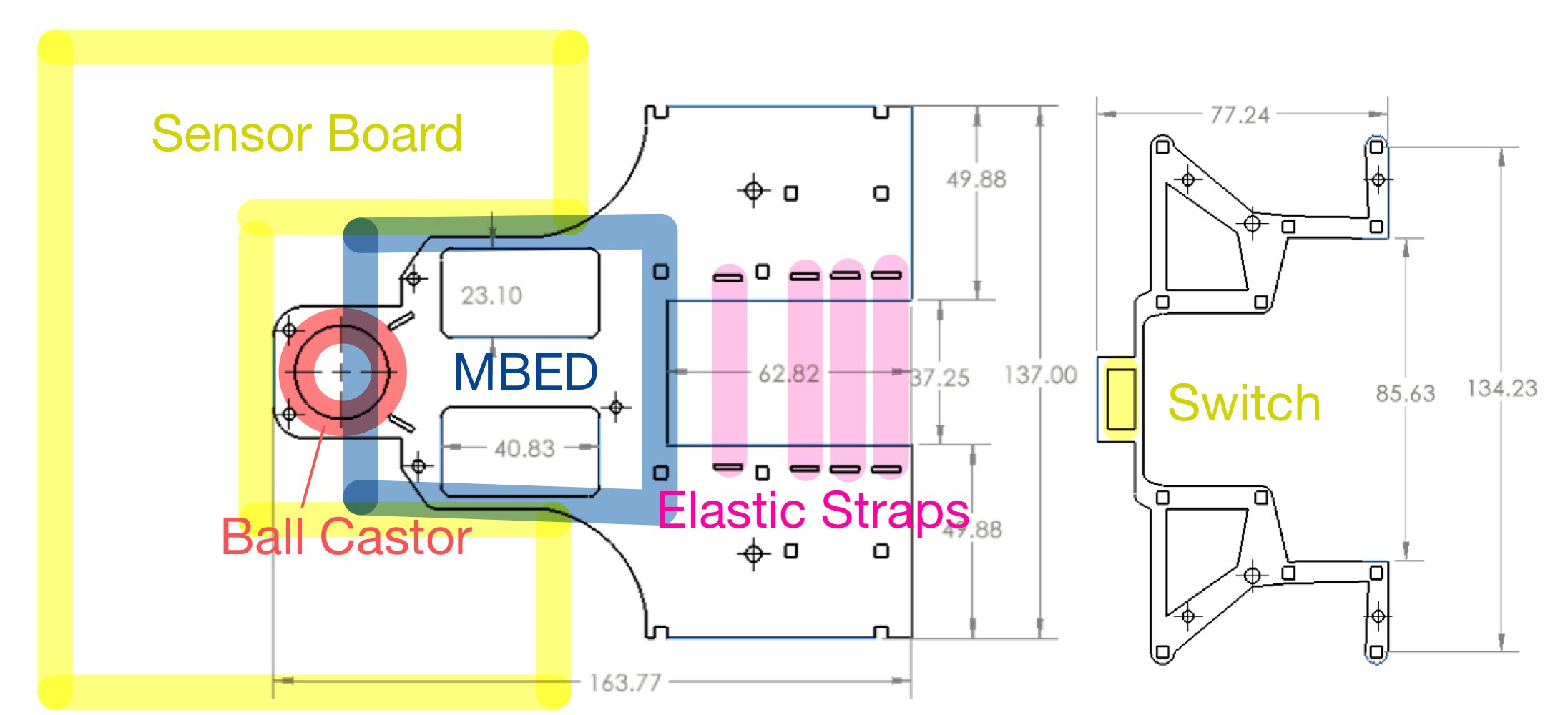 Final chassis after iterative redesign — 3D printed with arc-shaped sensor PCB at the front for earlier curve detection.