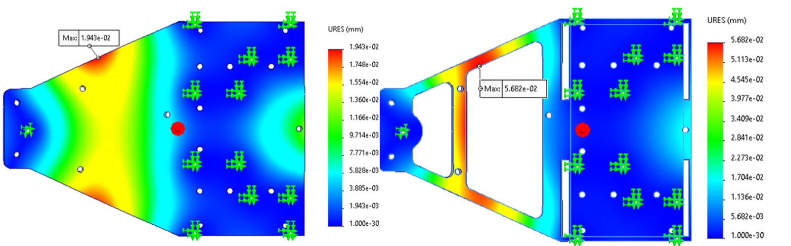 FEA deflection simulation — identified critical flex points in the original chassis, leading to the redesigned strut-brace structure.