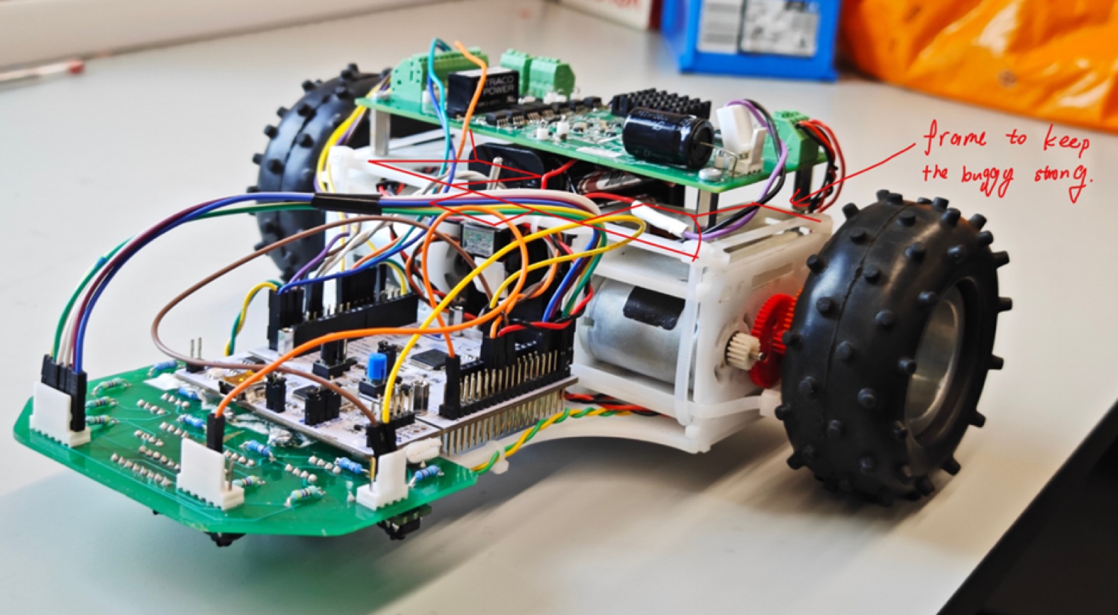 The completed buggy — battery pack repositioned between gearboxes for lower centre of gravity