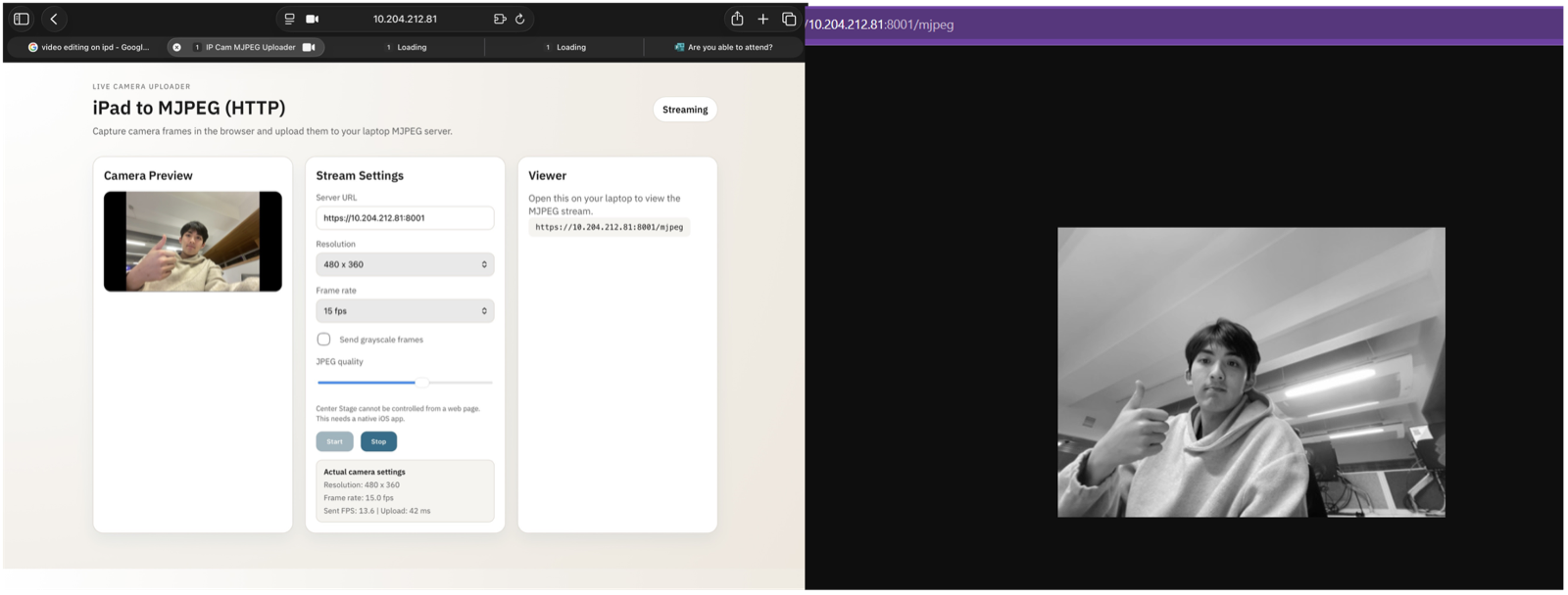 MJPEG streaming setup — iPad (left) captures and sends frames via the custom Flask server; Raspberry Pi 5 (right) receives the raw feed for face detection.