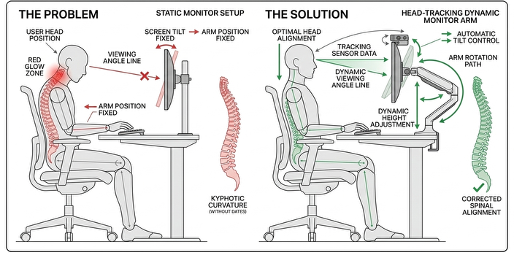 Static monitors force the user into kyphotic curvature (left). The head-tracking arm maintains optimal spinal alignment by continuously repositioning the screen (right).