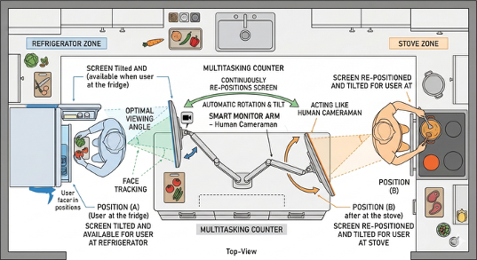 Top-view kitchen scenario — the smart monitor arm follows the user between fridge (Position A) and stove (Position B), acting like a human cameraman.